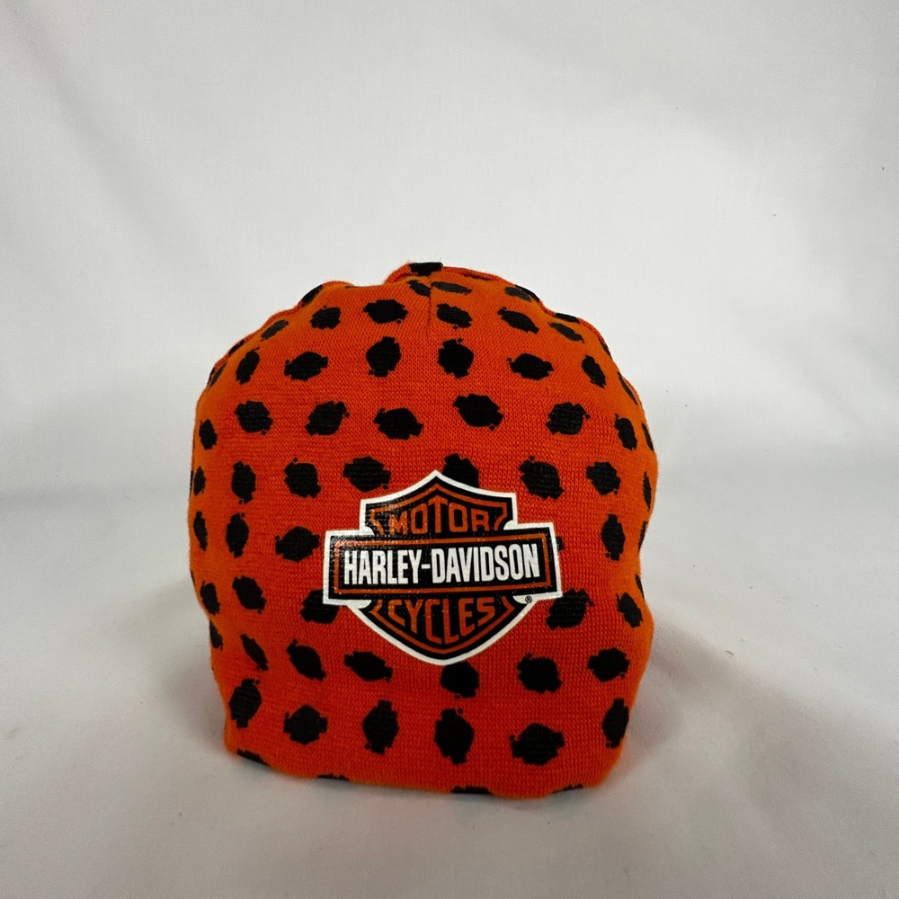 Y2K Harley-Davidson Infant Baby Orange & Black Polka Dot Beanie Hat